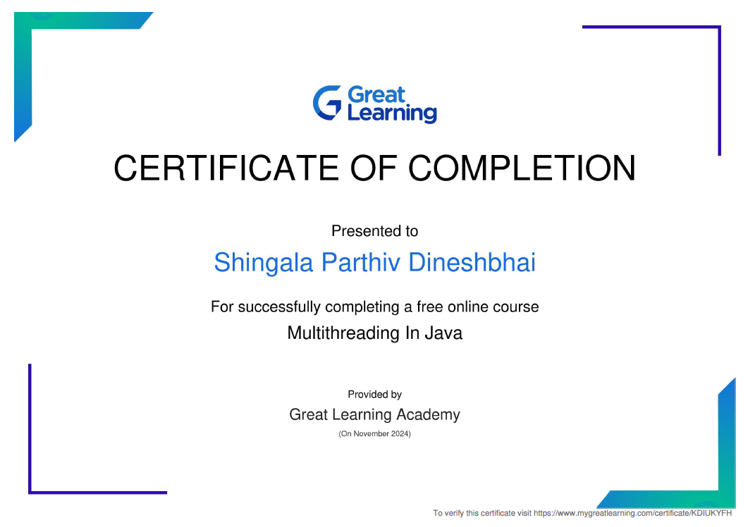 Certificate of Completion - Multithreading in Java