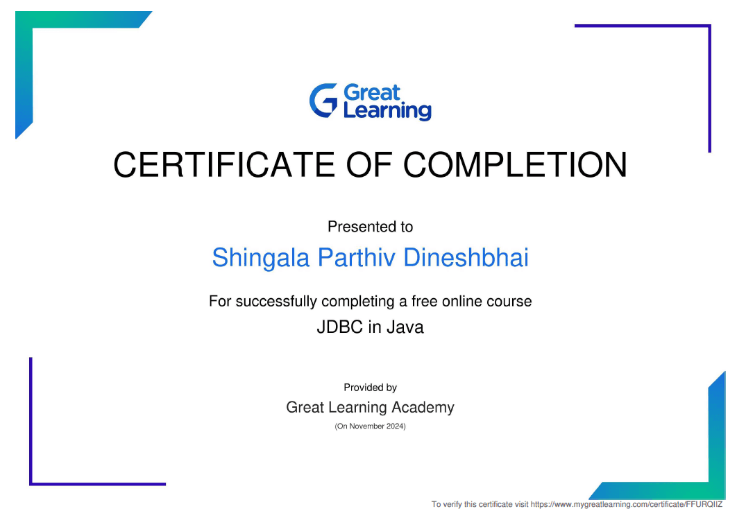 Certificate of Completion - JDBC in Java
