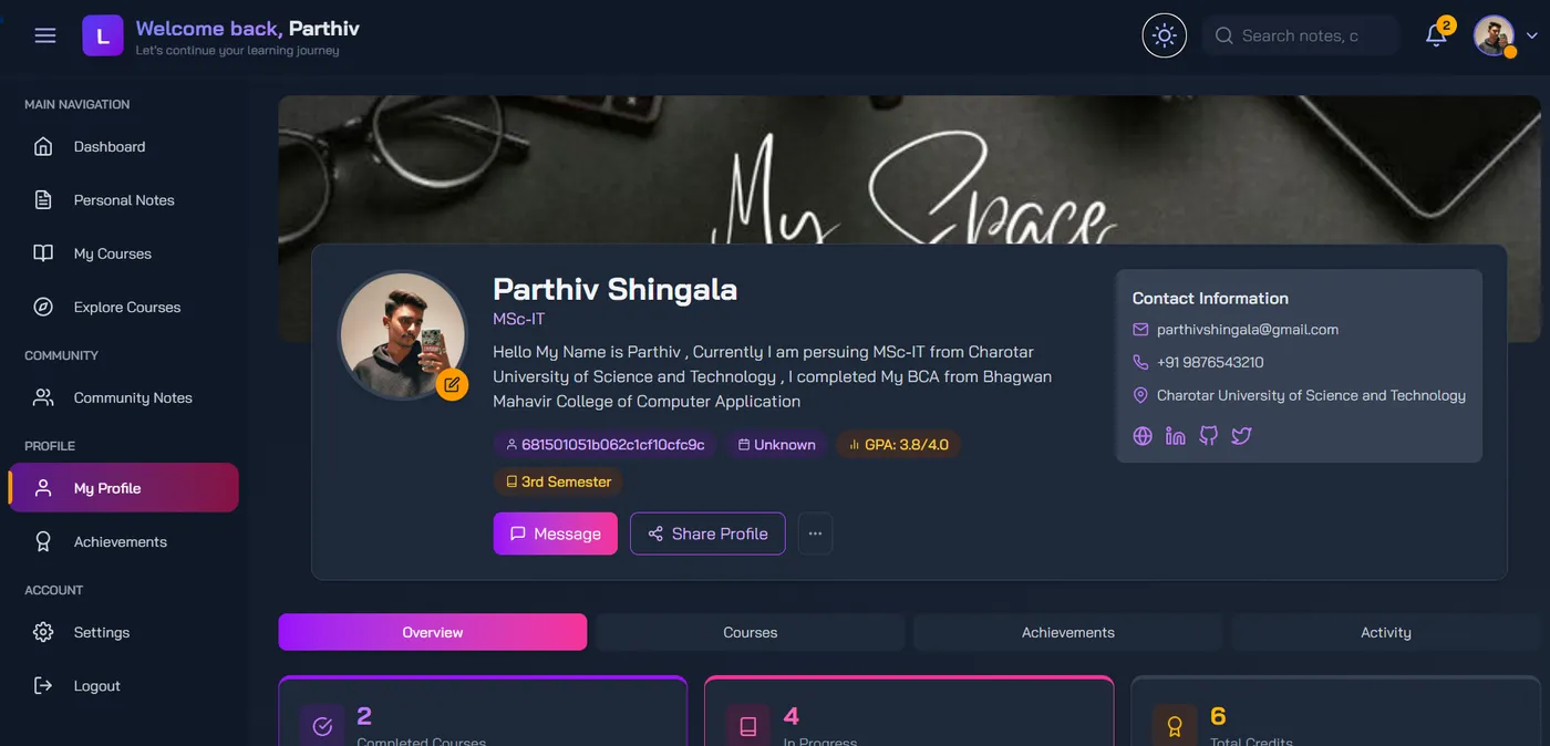 Student Profile Dark Mode